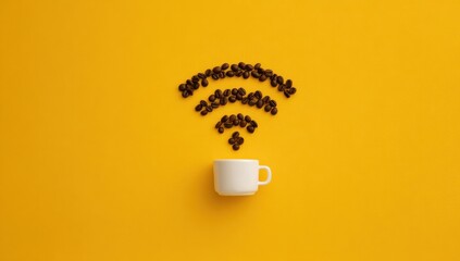 Top view of white coffee cup with WiFi signal symbol made from roasted coffee beans, arranged on a solid bright yellow background, representing cafe internet connectivity and digital lifestyle concept