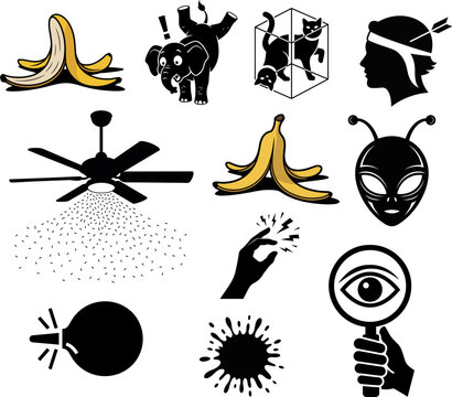 Conceptual Surreal Vector Icon Pack: Minimalist Symbols including Banana Slip, Upside-Down Elephant, Schr&ouml;dinger's Cat, Alien Head, and Mystery Eye &ndash; Abstract Collection