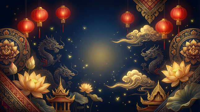Traditional dragons and lanterns glowing in festive night setting