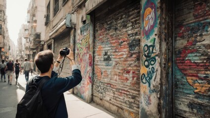 Urban street scene. Man taking photo. Graffiti-covered wall. Busy city