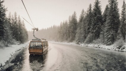 Snowy winter landscape with cable car on frozen river