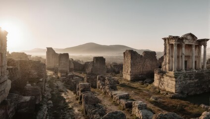 Ancient ruins bathed in soft morning light.  Vast, stone structures and pathways, misty hills in the distance