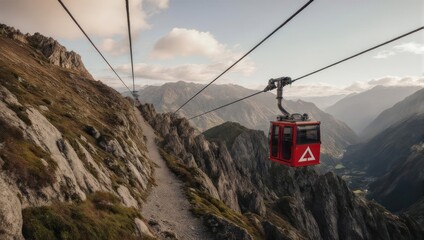 Mountain cable car traversing a rugged alpine ridge