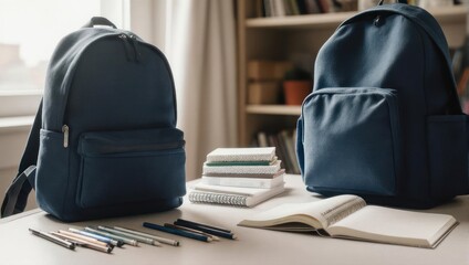 Two navy blue backpacks sit on a desk,  alongside notebooks, pens, and pencils.  A window and bookshelves are visible in the background