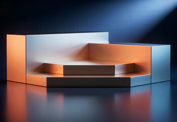 Obraz premium Innovative conceptual science Background 3D render, corner stage podium with spotlight lighting and orange glow, metaphor variation ready header advert for firm marketing presentation