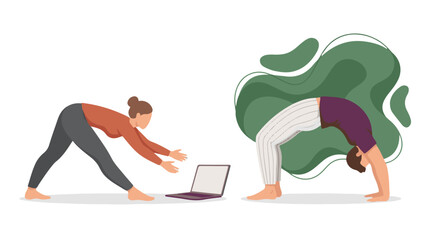 People doing yoga and stretching, one reaching for a laptop, depicting modern wellness