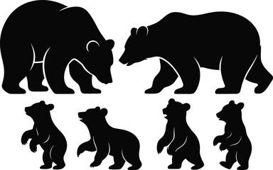 Bear silhouette vector set with adult bears and cubs, wildlife animal poses collection, black flat illustration isolated on white background © Vector's World