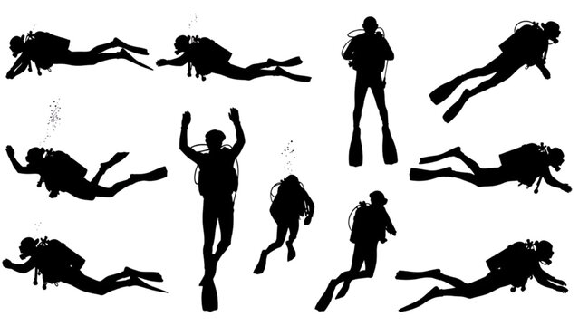 Silhouettes of scuba divers exploring the ocean depths