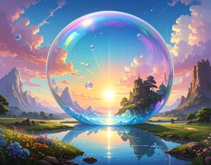 A serene landscape with a giant iridescent bubble