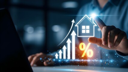 Close-up of a person's hand interacting with a digital interface displaying a house icon, percentage sign, and rising graph on a laptop in a dark room with a professional mood.