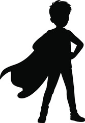 Black silhouette superhero boy standing confidently, child imagination power concept, brave kid hero pose, fantasy leadership symbol, inspirational childhood creativity vector illustration © Vector's World