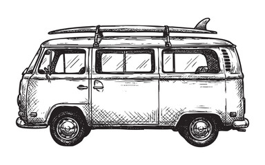classic retro camper van with a surfboard strapped to the roof rack in a vintage woodcut style © trianatio