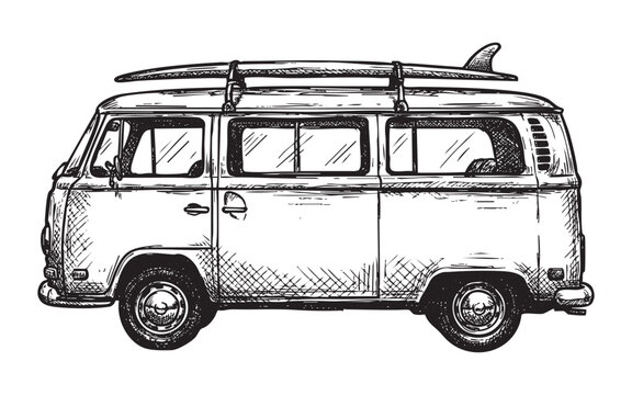 classic retro camper van with a surfboard strapped to the roof rack in a vintage woodcut style