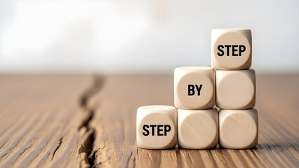 Close-up of wooden dice stacked in a pyramid formation with 'STEP BY STEP' on them, on a rustic wooden surface with a blurred white background.