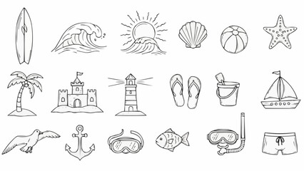 Collection of Hand Drawn Summer Beach Icons and Symbols.
