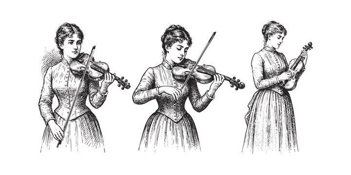 women playing violins in various poses in a vintage woodcut style.
