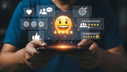 Close-up of a person holding a smartphone with social media icons and emojis floating above the screen in a dark setting.