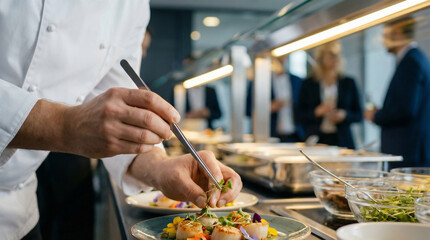 Professional Chef Plating Gourmet Scallops, Serving Elegant Dishes at a Modern Cafeteria Buffet Line