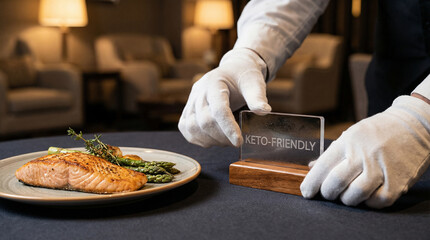 Buffet Line Attendant Serving a Keto-Friendly Salmon Dish, Highlighting Healthy Options at a Modern Cafeteria