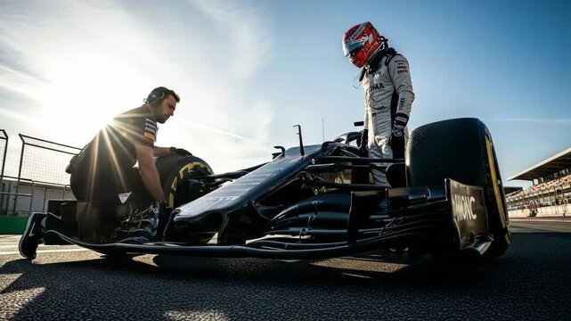Racing Team Prepares Driver for Exciting Formula One Track Day Under Bright Blue Sky