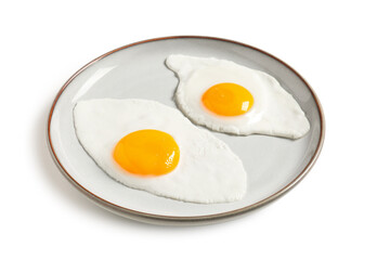 Plate with tasty fried eggs on white background