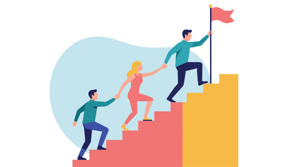 Obraz premium Vector illustration of teamwork and leadership with individuals helping each other ascend colorful staircase