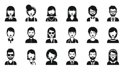 Vector collection of black and white avatar icons with diverse hairstyles accessories and clothing styles