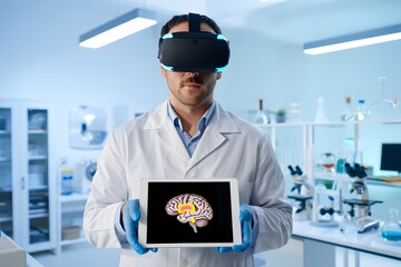 A scientist in a laboratory uses a virtual reality headset and tablet displaying brain imagery