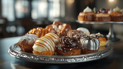 Delicious dessert display with various pastries on a silver tray in a cozy cafe during afternoon hours