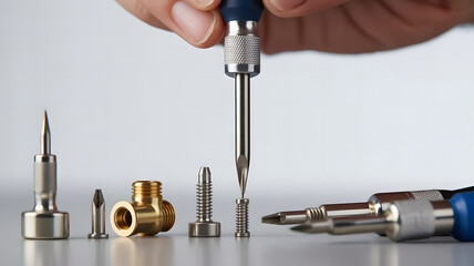 Macro detail of a precision screwdriver and electronic screws