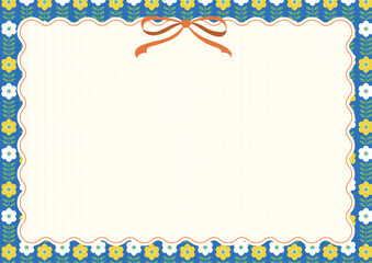 中央に文字入れ可能な花の飾り枠 北欧風の花柄フレーム背景 青と黄色のフラワーパターンがおしゃれなメッセージカード