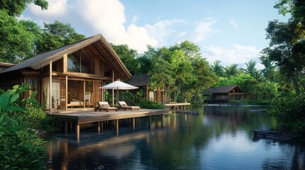 Fototapeta premium Beautiful wooden houses on stilts by a lake surrounded by trees in a sunny setting