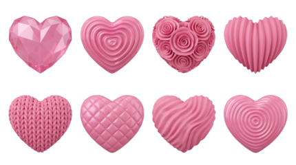 Pink Heart Set with Gemstone Rose Knitted Quilted and Ripple Textures Isolated