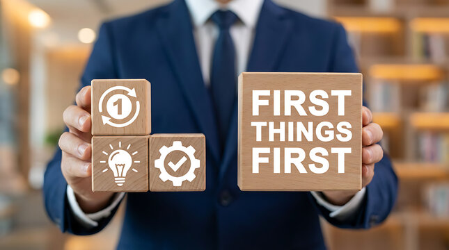 Business concept of first things first.First Things First Business Beginning Concept.