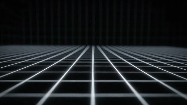 Futuristic grid pattern with vanishing lines and vertical stripes on dark background