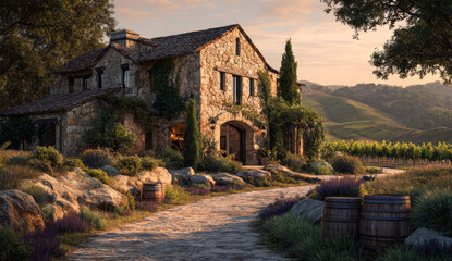 Rustic stone house with textured stone walls, wooden window frames, and a tiled sloped roof nestled among lush greenery and vineyards in a scenic countryside setting