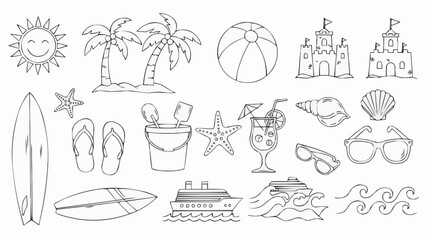 Collection of hand-drawn summer beach vacation icons and symbols.