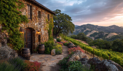 Rustic stone house with warm lighting, surrounded by lush vineyards and rolling hills at sunset, showcasing countryside charm and traditional architecture