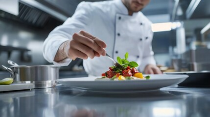 Chef prepares a colorful dish in a modern kitchen while garnishing with fresh herbs