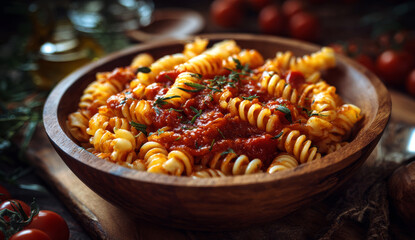 Rustic wooden bowl filled with al dente fusilli pasta coated in rich tomato sauce garnished with fresh herbs on a textured wooden table