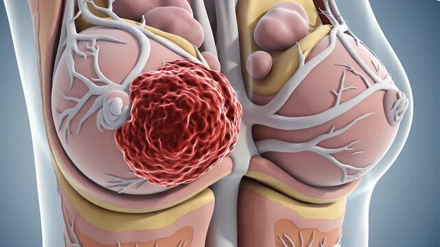 Animated 3D Rotation of Breast Anatomy Showing Tumor with Pink Tissue Vessels and Glands for Medical Education and