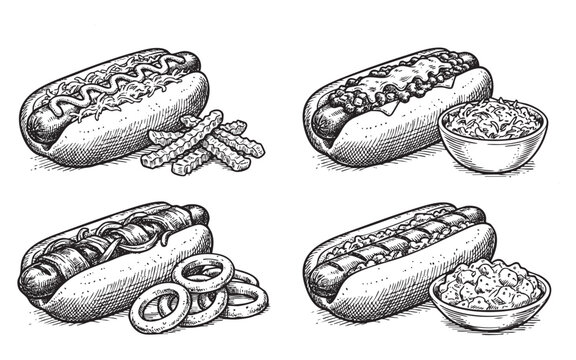 hot dogs with various toppings like chili, onions, and cheese, some with side dishes like fries and coleslaw, in a vintage woodcut style.