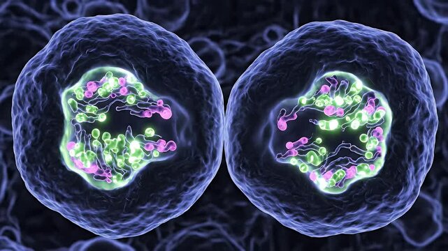Animated Loop of Cancer Cell Division Under UV Light Showing Pink and Green Chromosomes on a Dark Background for