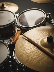 Obraz premium Drum Set Cymbals Close-Up with Drumstick.
