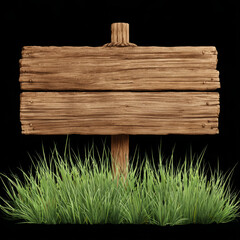 Rustic Wooden Sign with Grass in a Simple Vector Illustration on a Black Background, Ideal for Graphic Design Projects