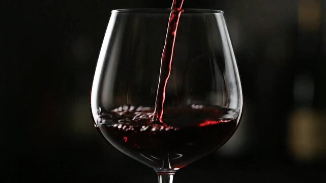 A close-up shot of dark red wine being poured into a clear glass, creating ripples on the surface.