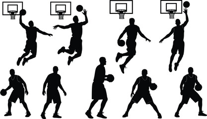 Basketball player silhouette set, athletes playing game with ball and hoop, vector illustration isolated on white background sport concept. © prof.design