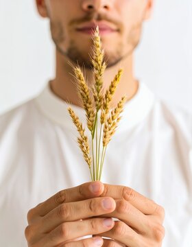 Person holding wheat stalks in a bright, minimalist white background composition