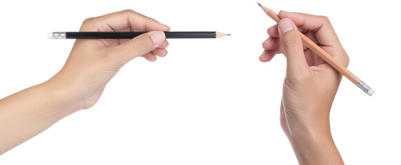 Set of hand holding pencil isolated object