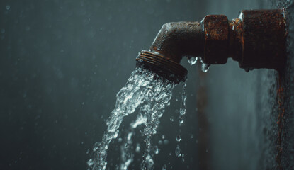 Rusty metal water pipe with water flowing out, droplets splashing, and wet surface texture
